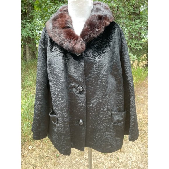 Vintage Black Crushed Velvet Coat With Fur Collar - Picture 11 of 16